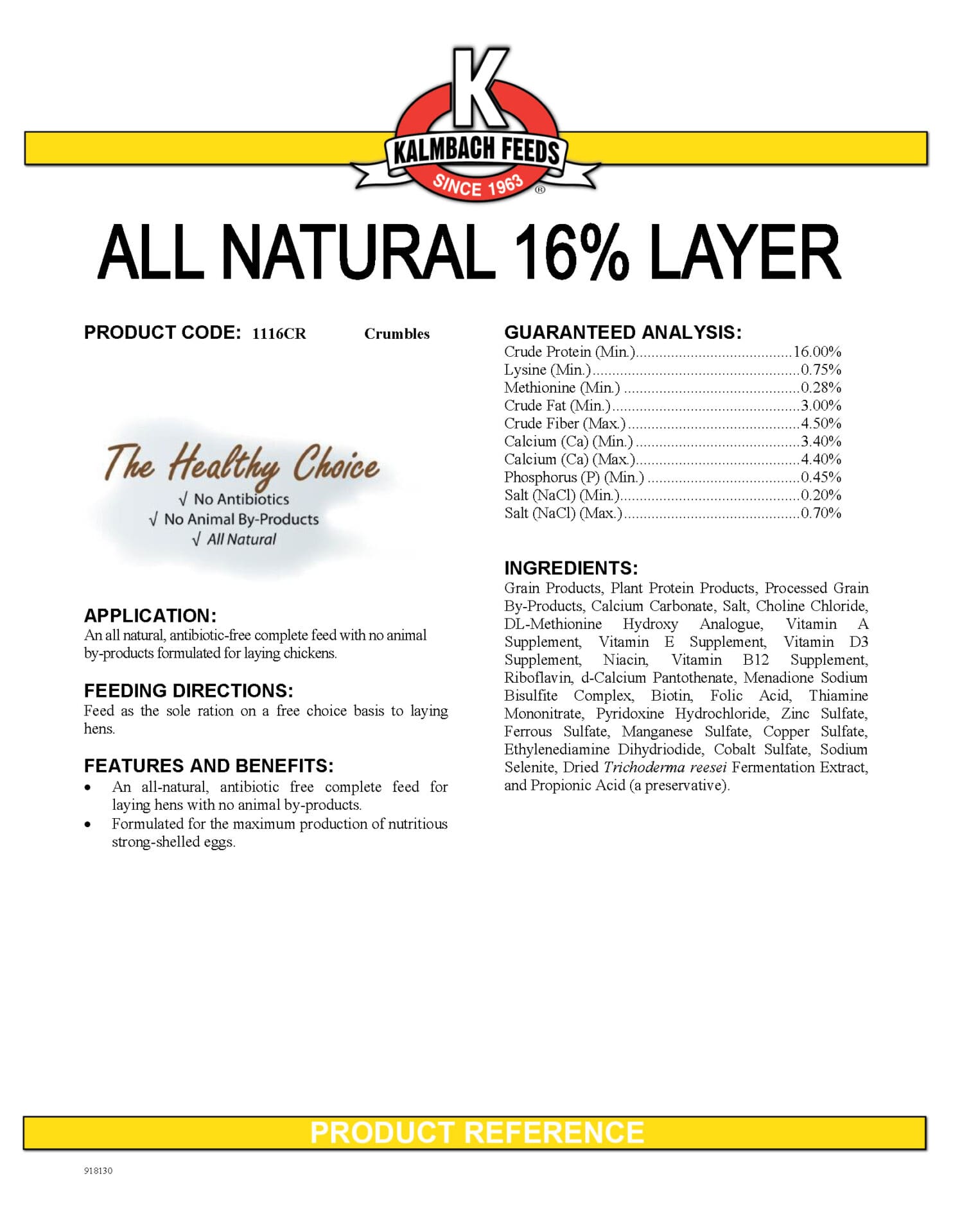 All Natural 16% Layer feed spec sheet