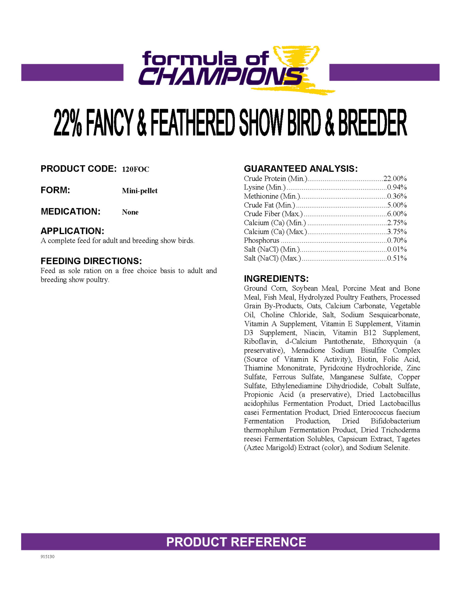 Fancy & Feathered feed spec sheet