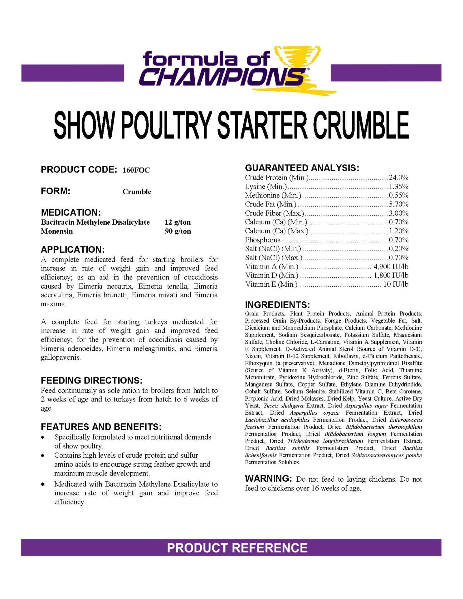 Show Poultry Starter Crumble feed spec sheet