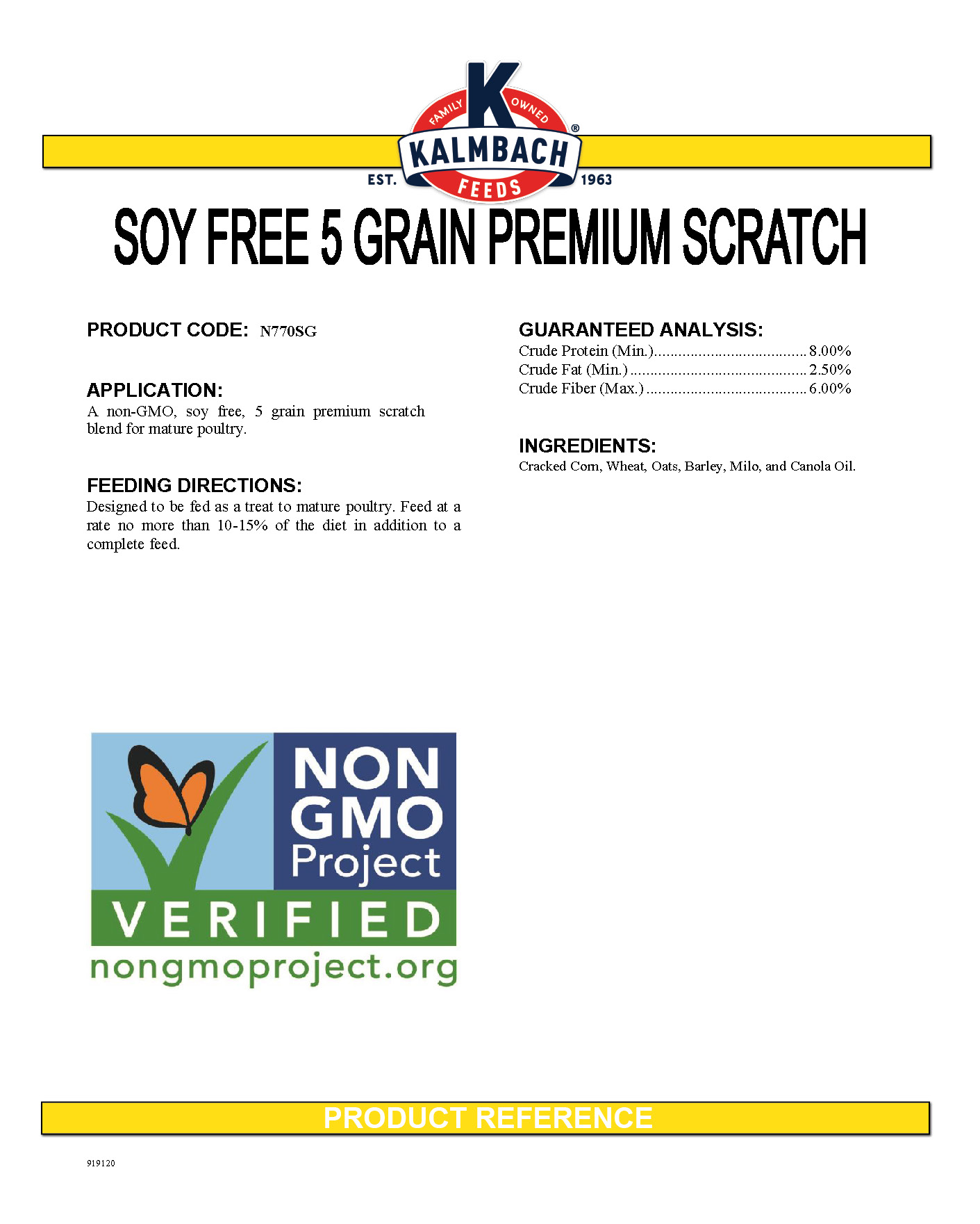 Soy Free 5 Grain Premium Scratch feed spec sheet