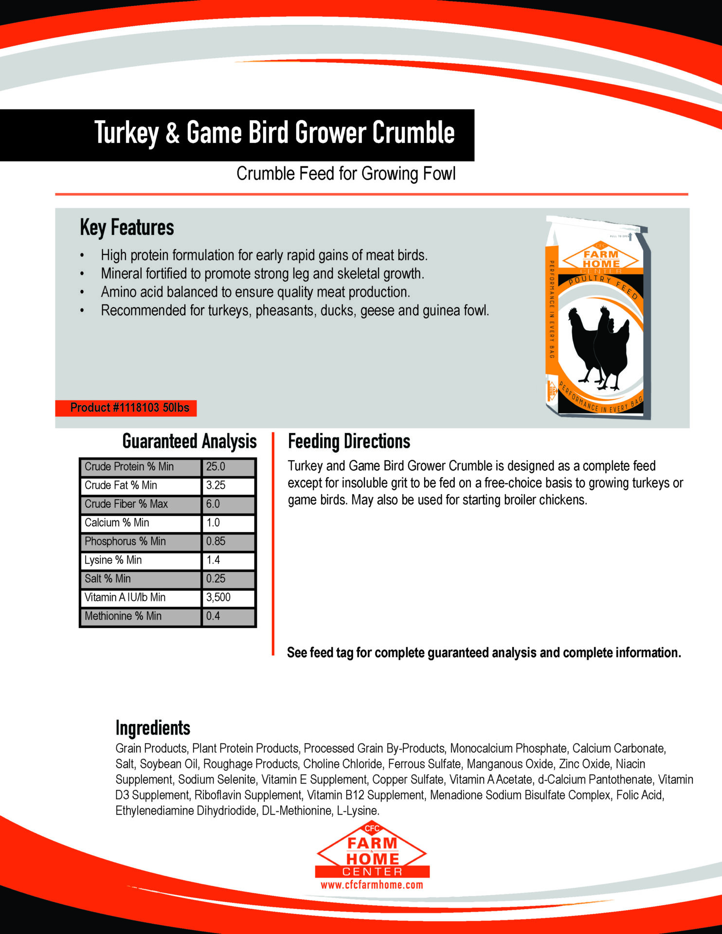Turkey & Game Bird Grower Crumble feed spec sheet